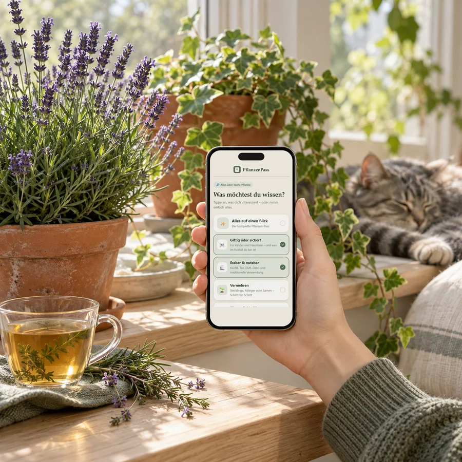 Hand hält ein Smartphone mit der PflanzenPass-App neben Lavendel und Efeu, eine Katze liegt daneben