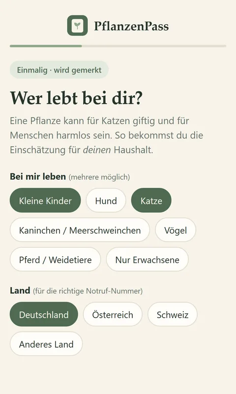 PflanzenPass-App: Auswahl, wer im Haushalt lebt, und Land